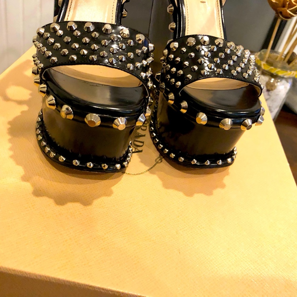 Prada Spazzolato studded Platform sandal box included box ripped. On one side